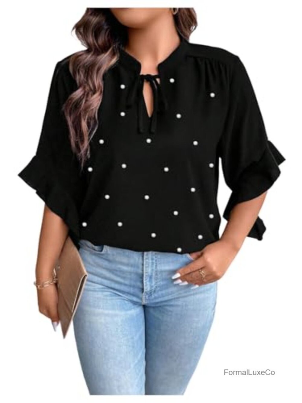 Plus Size Pearl Beaded Blouse Tie Neck Flounce 3/4 Sleeve Dressy Casual